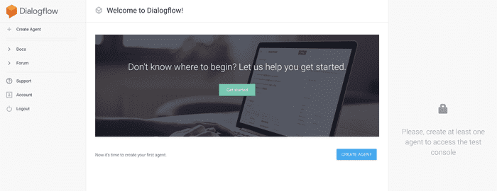 Dialogflow dashboard with no agents