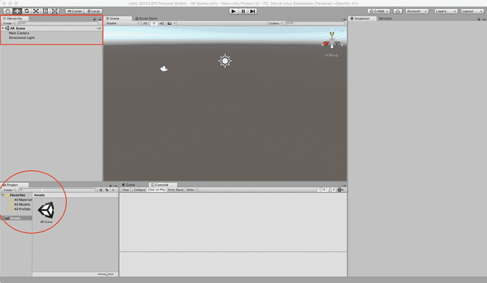 Unity Editor with Hierarchy marked in a red box and Project in a red circle