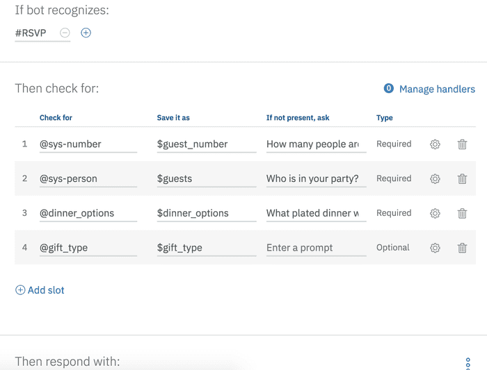 Wedding Planner Bot Slots for RSVP Intent