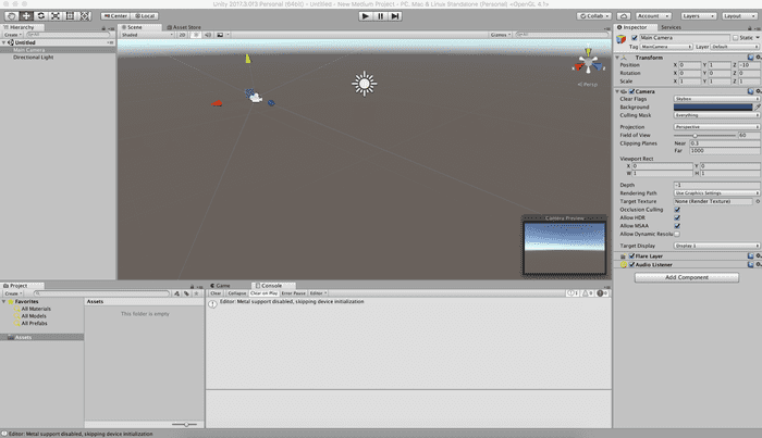 New project in Unity Editor with the Main Camera selected