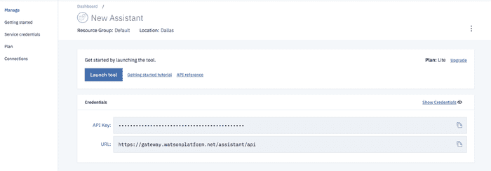 The new manage page showing the API key for Watson Assistant