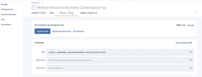 The old manage page showing the username and password credentials for Watson Assistant (previously Conversation)