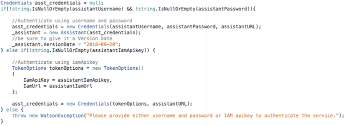 WatsonLogic.cs code showing the authentication happening with either username and password OR API key