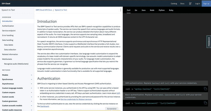 Watson Speech to Text Introduction page in API docs