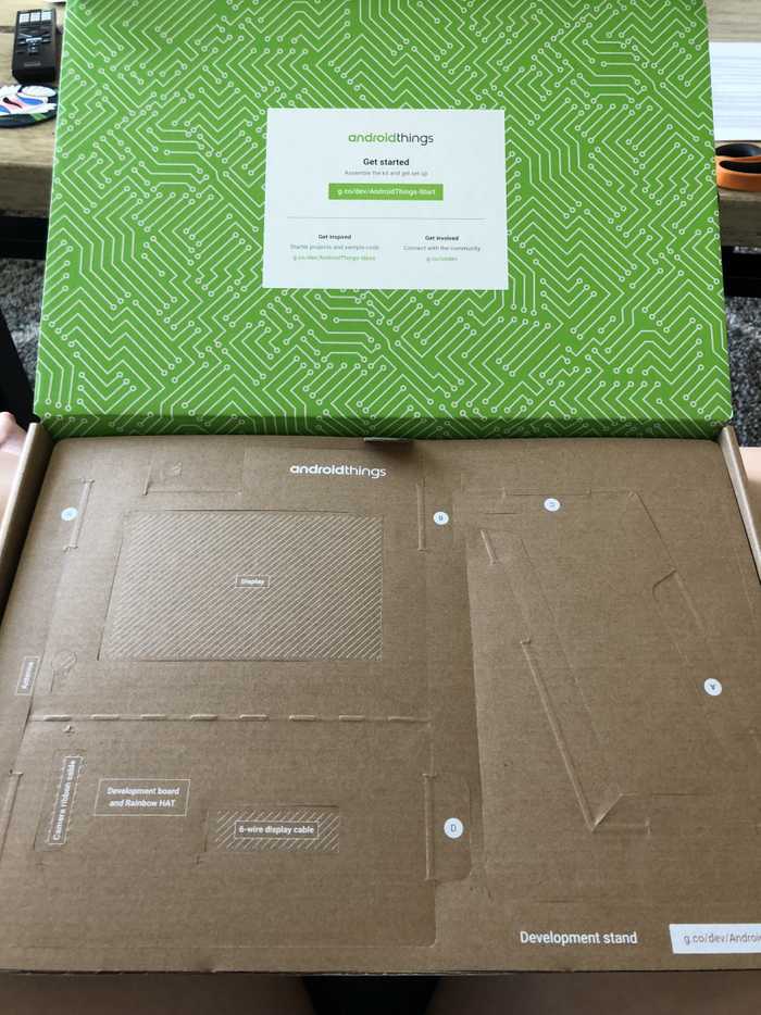 Newly opened Android Things Starter Kit with cardboard punch outs