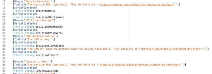WatsonLogic.cs code showing serializefields for Watson Assistant credentials